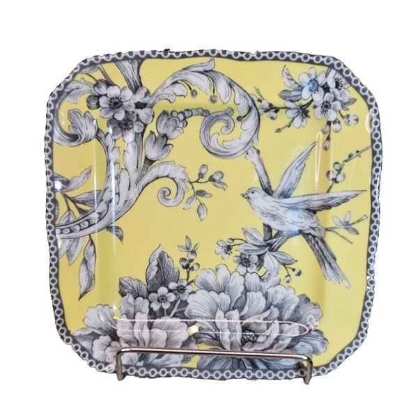 Set of 3 222 Fifth Square Salad Plates Adelaide Yellow Floral Bird Theme 6" - Picture 1 of 7